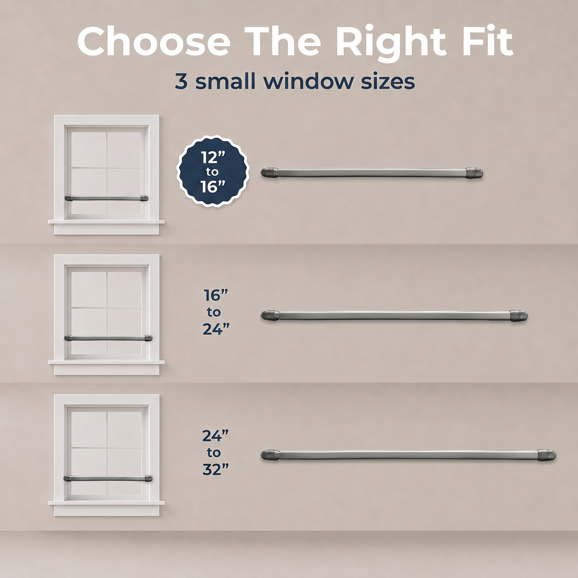 Size guide displaying three available curtain rod lengths: 12-16 inches, 16-24 inches, and 24-32 inches.