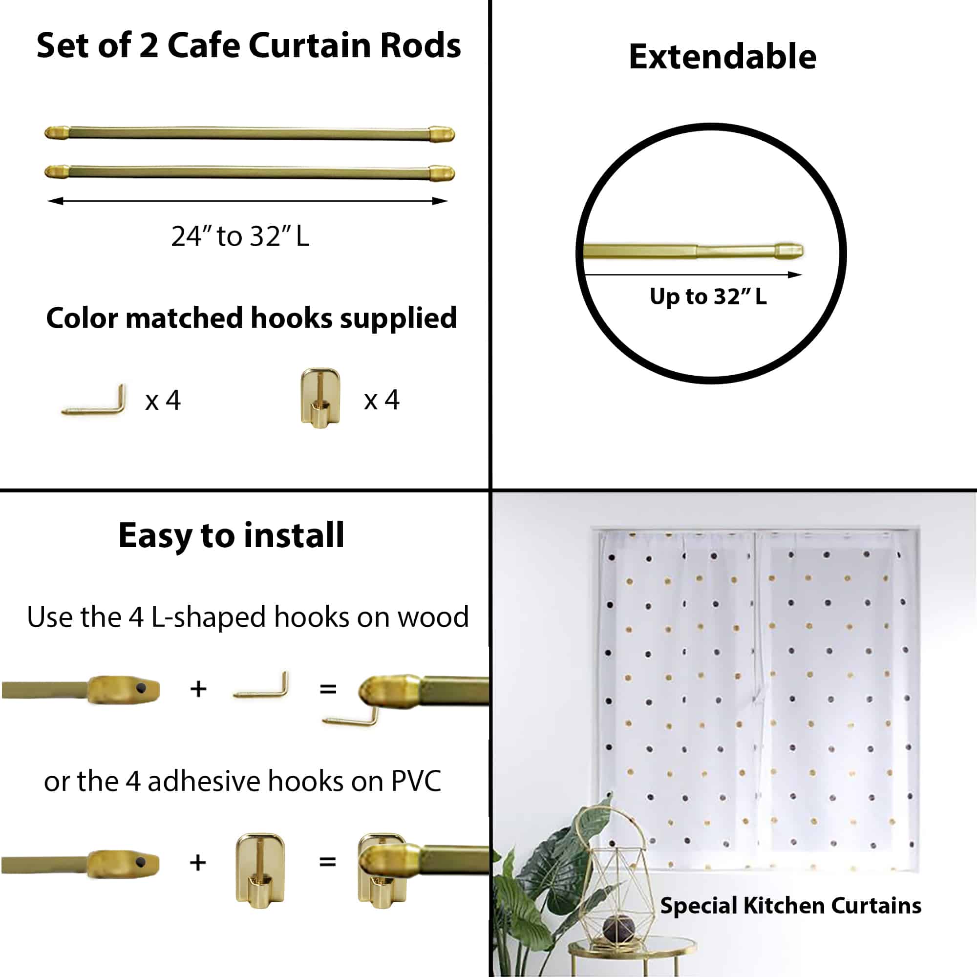 Bundle 2 Cafe Curtain Rods 24 to 32 and 4 Self Adhesive Hooks Gold