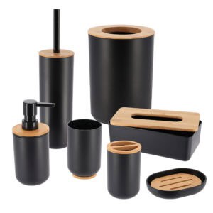 Image 2: Black bamboo-accent 7-piece bathroom set shown on white background
