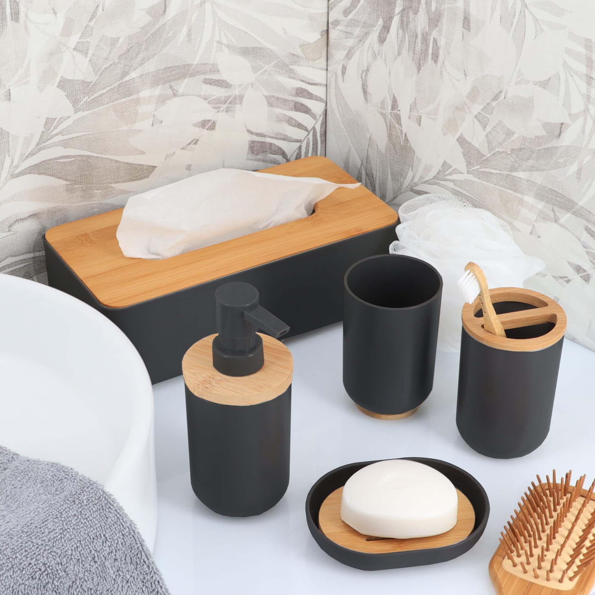 Image 3: Black bamboo-top accessories with tissue box cover and soap dish on vanity