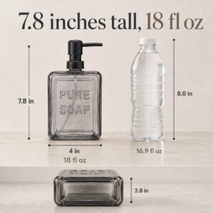 Size chart: smoked glass soap dispenser 7.8 in tall, 4 in wide, 2.8 in deep, 18 fl oz capacity