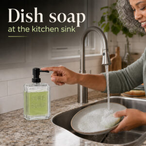 Clear glass dispenser filled with green dish soap at a kitchen sink