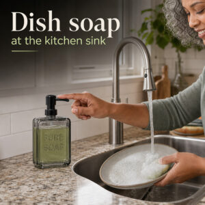 Smoked glass dispenser filled with green dish soap at a kitchen sink