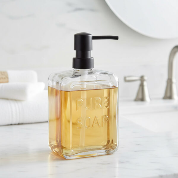 Clear glass soap dispenser Pure Soap 18 fl oz filled with amber soap on a bathroom vanity beside folded white towels