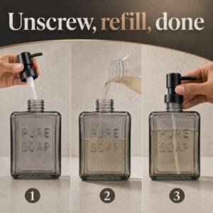 Three steps to refill the smoked glass soap dispenser: unscrew the pump, pour, screw back on