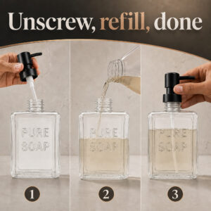 Three steps to refill the clear glass soap dispenser: unscrew the pump, pour, screw back on