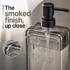 Close-up of the smoked gray glass finish and rounded edges of the Pure Soap dispenser