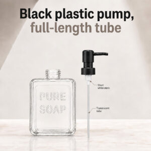 Black plastic pump with full-length translucent tube beside the open clear glass soap bottle
