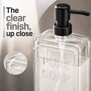 Close-up of the clear glass finish and rounded edges of the Pure Soap dispenser
