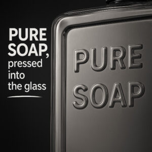 Macro view of the Pure Soap lettering embossed into the smoked glass
