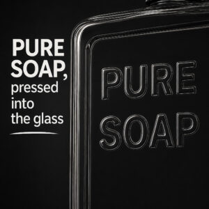 Macro view of the Pure Soap lettering embossed into the clear glass
