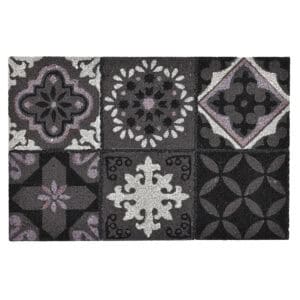 Cement-tile style printed coir doormat 24x16 with grey and purple patterns