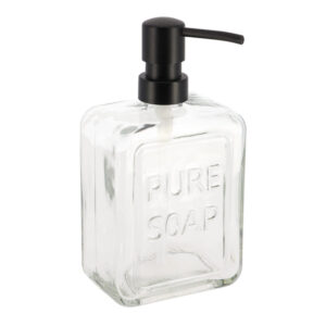 Clear Glass Soap Dispenser with Pure Soap Embossed Design and Black Pump – A sleek, transparent soap dispenser with "PURE SOAP" embossed on the glass body, featuring a modern black pump for a minimalist look.