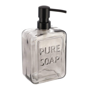 Smoke Gray Glass Soap Dispenser with Pure Soap Embossed Design and Black Pump – A stylish smoke gray glass soap dispenser with "PURE SOAP" embossed on the body, featuring a sleek black pump for a modern look.