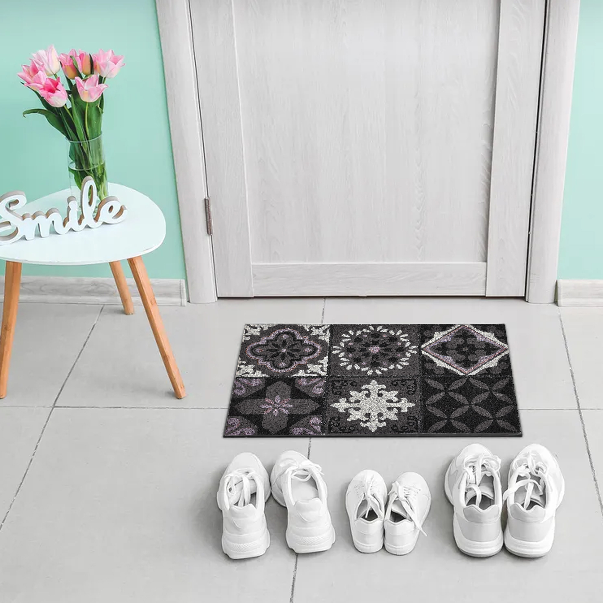 Cement-tile printed doormat 24x16 shown in entryway with shoe lineup