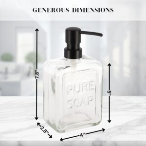 Detailed Dimensions of Clear Glass Soap Dispenser for Easy Sizing – A graphic image showcasing the measurements of the clear glass soap dispenser with a black pump, detailing height and width for easy size reference.
