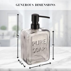 Detailed Dimensions of Smoke Gray Glass Soap Dispenser for Easy Sizing – A graphic showing the dimensions of the smoke gray glass soap dispenser with a black pump, providing precise height and width measurements.