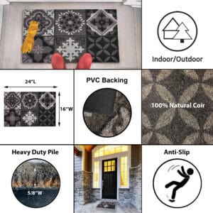 Cement-tile doormat details showing PVC backing heavy pile and 24x16 size