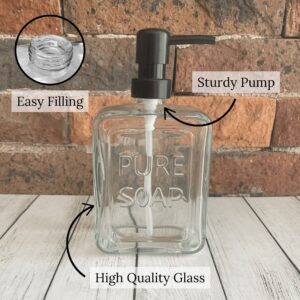 Durable Glass Soap Dispenser with Easy Fill and Sturdy Pump – Close-up of the glass soap dispenser with labels highlighting the easy-fill wide opening and sturdy pump, emphasizing durability and convenience.