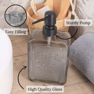 Durable Smoke Gray Glass Soap Dispenser with Easy Fill and Sturdy Pump – Close-up of the smoke gray glass soap dispenser, highlighting the easy-fill opening and sturdy pump, designed for durability and convenience.