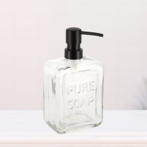 Minimalist Clear Glass Soap Dispenser with Black Pump Accent – A simple, clear glass soap dispenser with a contrasting black pump, designed for a modern, minimalist bathroom setup.