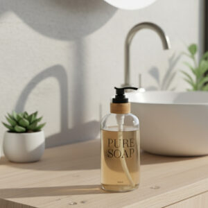 Single clear glass soap dispenser with bamboo collar on bathroom vanity