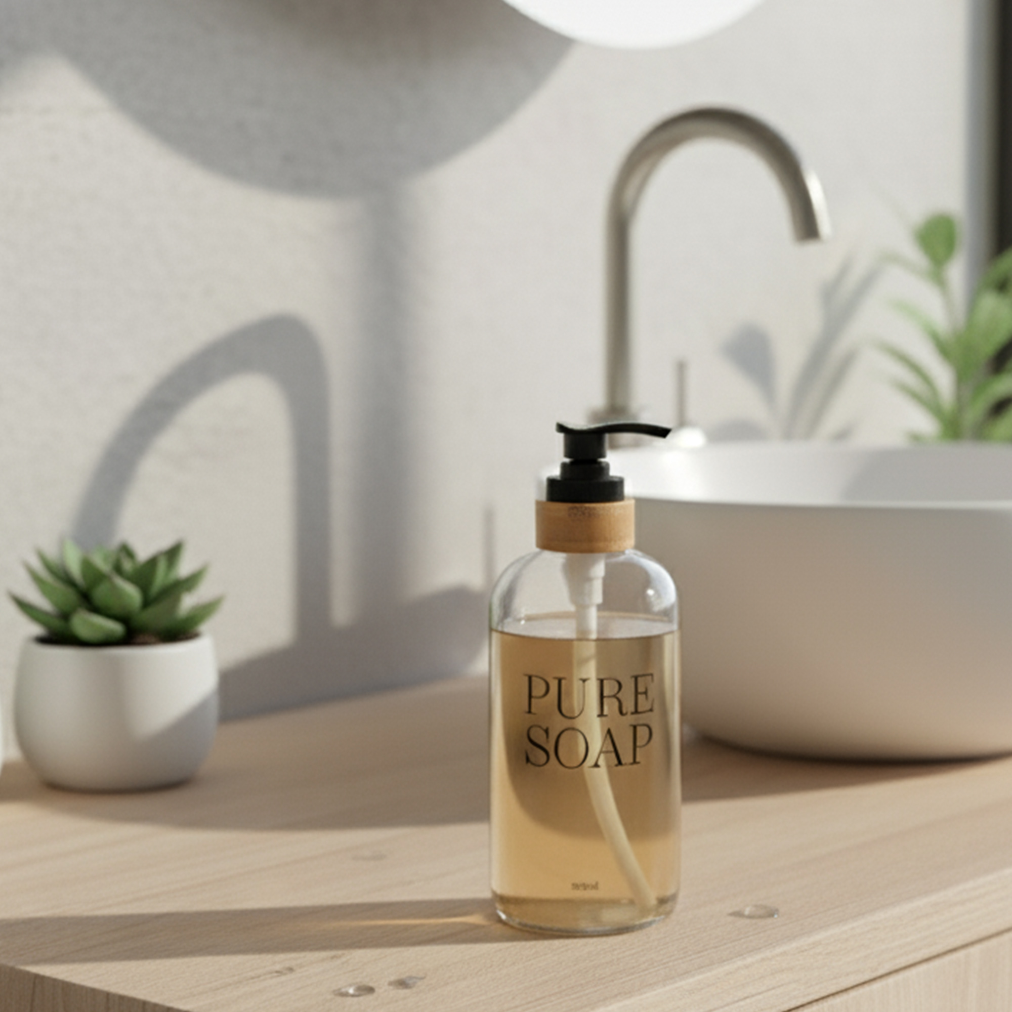Single clear glass soap dispenser with bamboo collar on bathroom vanity
