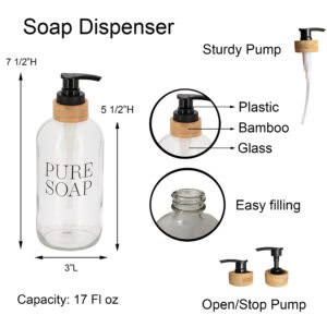Glass soap dispenser size and feature diagram showing bamboo collar black pump and capacity