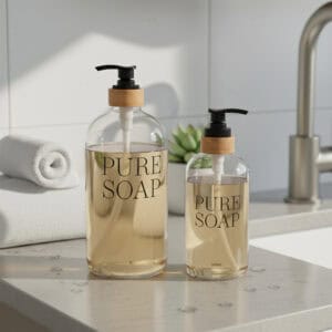 Two clear glass soap dispensers with bamboo collars filled with liquid soap on bathroom countertop