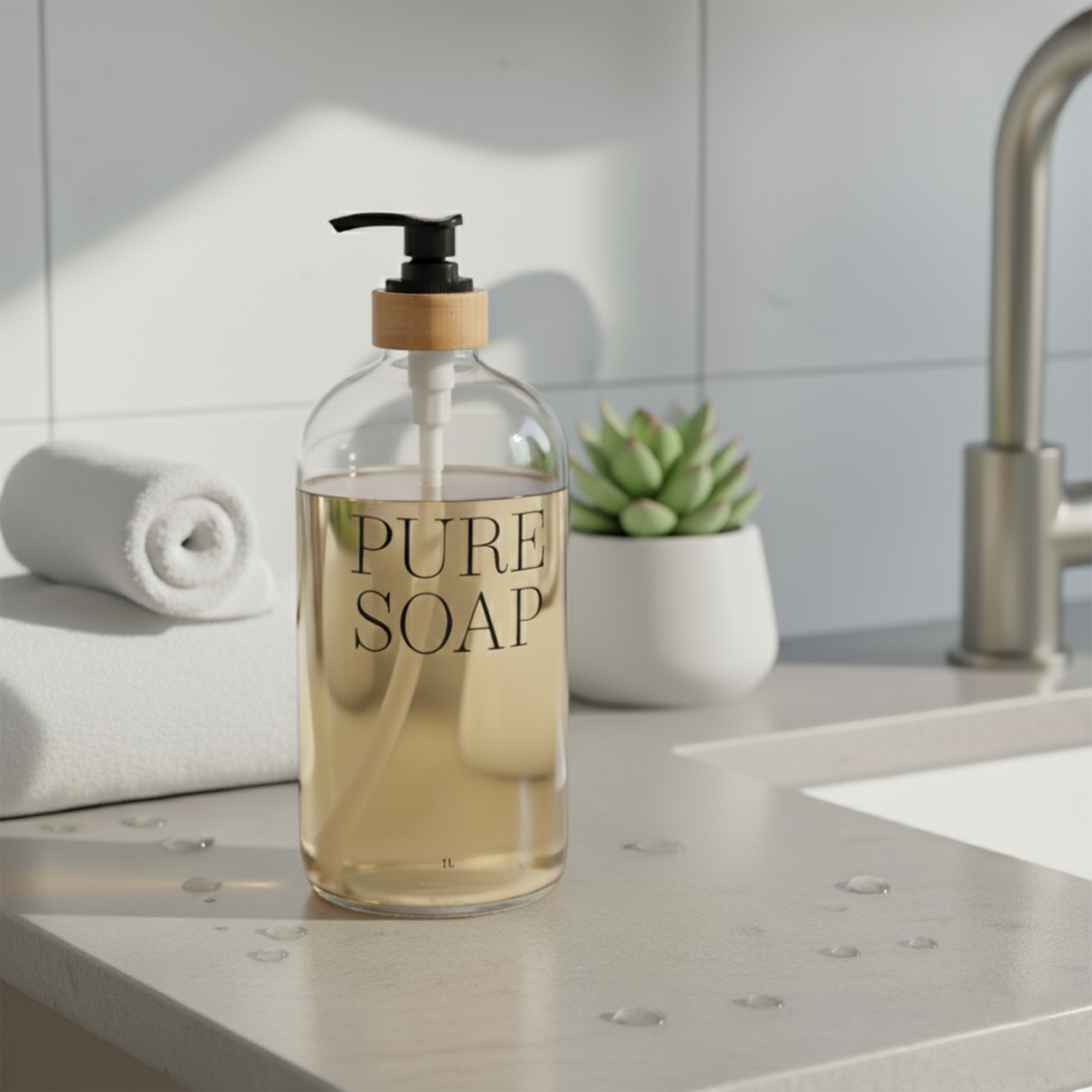 Single clear glass soap dispenser with bamboo collar filled with liquid soap near sink and plant