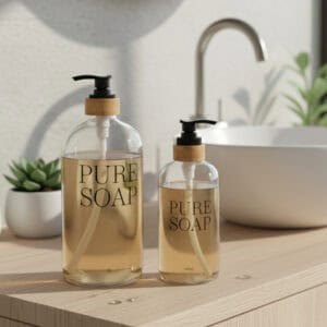 Two clear glass soap dispensers with bamboo collars filled with liquid soap on wooden bathroom countertop