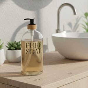 Single clear glass soap dispenser with bamboo collar filled with liquid soap near sink and plant