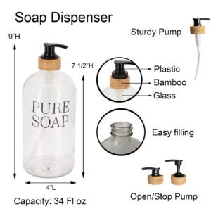 Glass soap dispenser size and feature diagram showing bamboo collar black pump and capacity