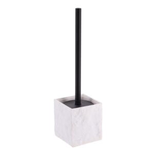 A white stone-effect toilet brush holder with a sleek black handle, showcasing a minimalist and modern design.