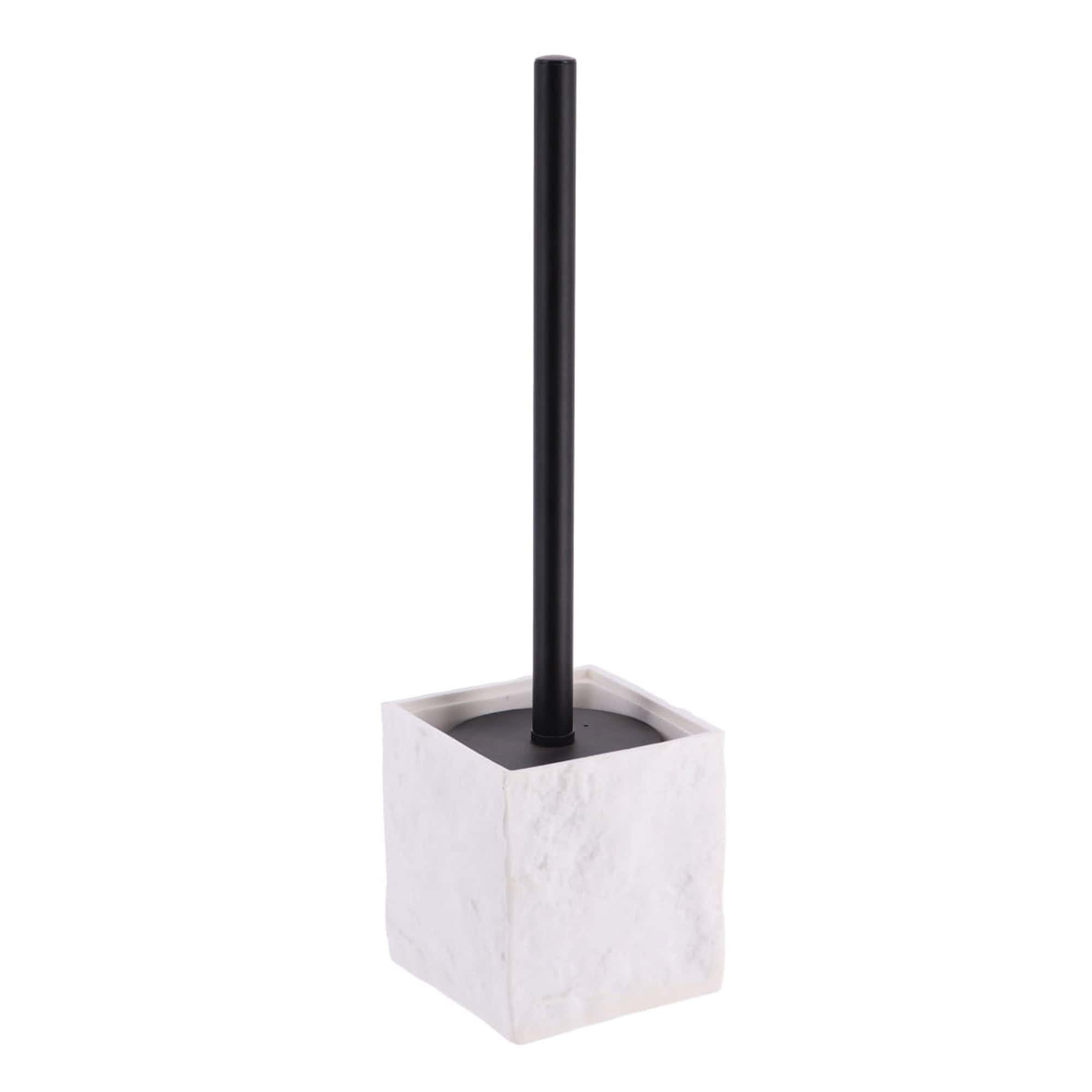 A white stone-effect toilet brush holder with a sleek black handle, showcasing a minimalist and modern design.