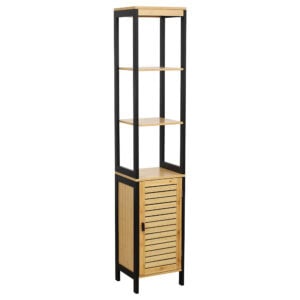 Tall Bamboo Storage Cabinet – Freestanding bamboo cabinet with open shelves and a slatted door.