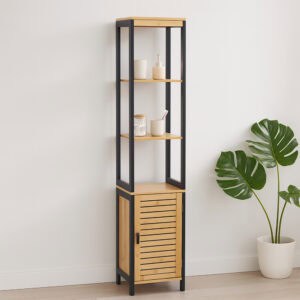 “Tall bamboo storage cabinet with black frame and open shelves”