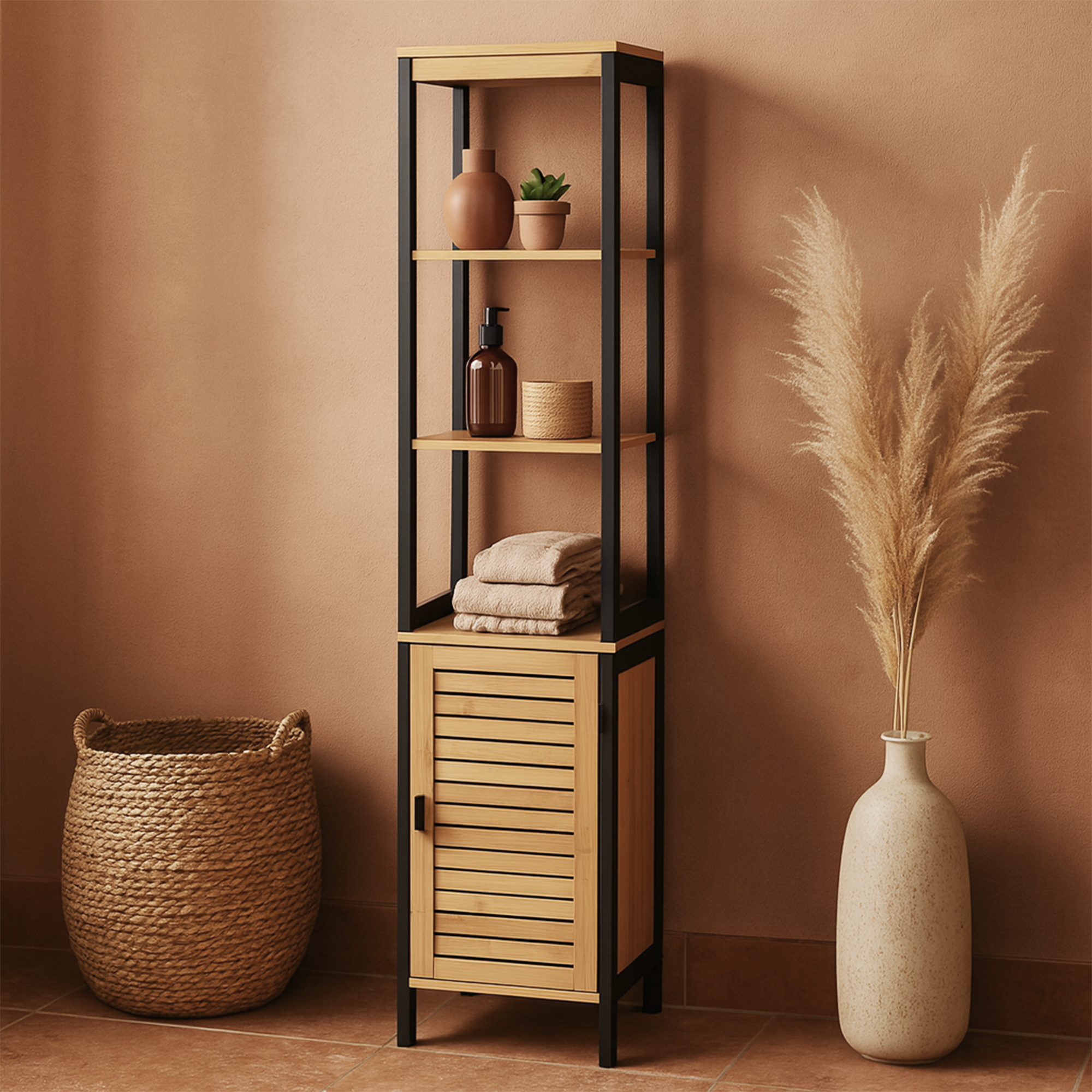 “Bamboo tall cabinet with black frame and open shelves in warm bathroom”