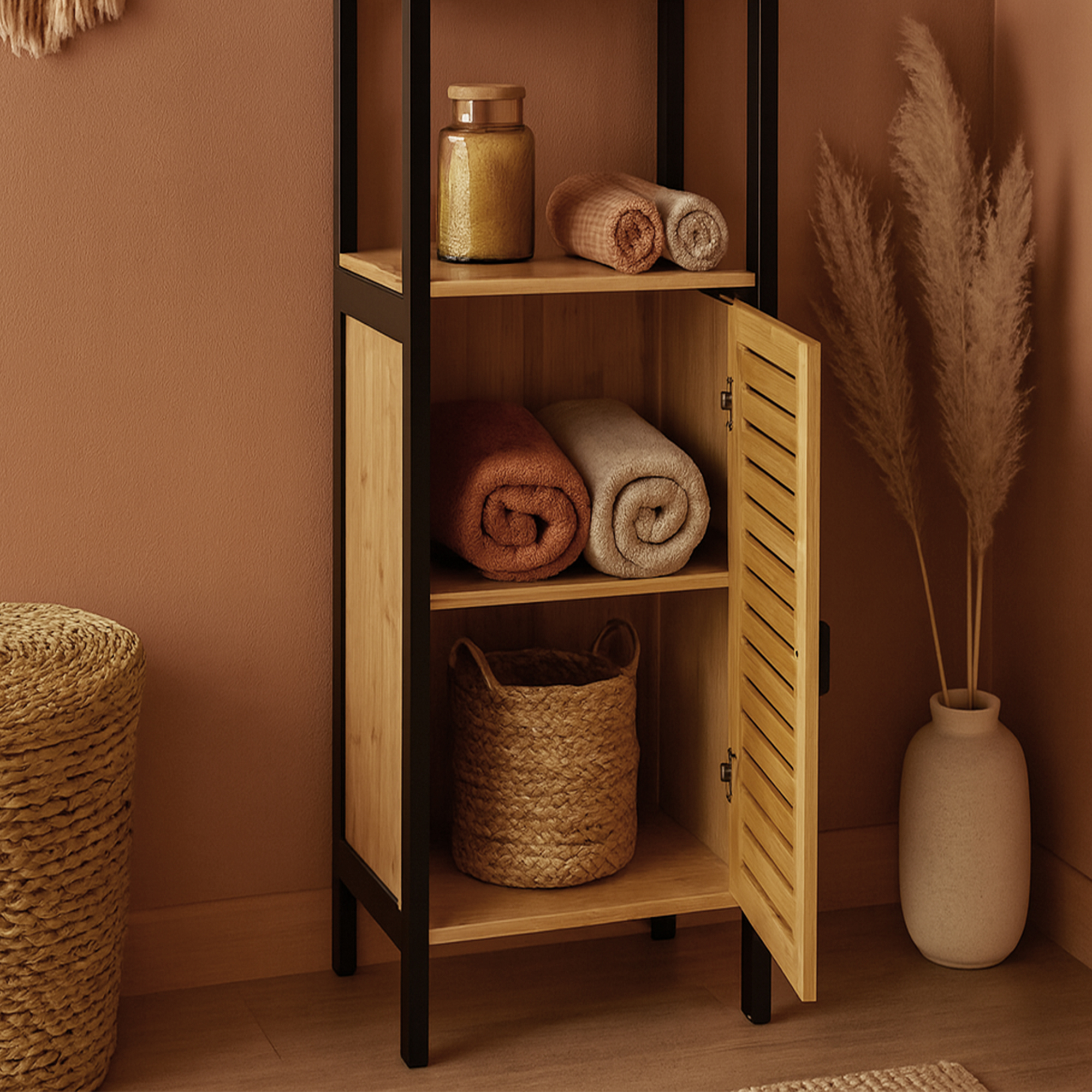 “Tall bamboo cabinet with open vented door showing towels and storage”
