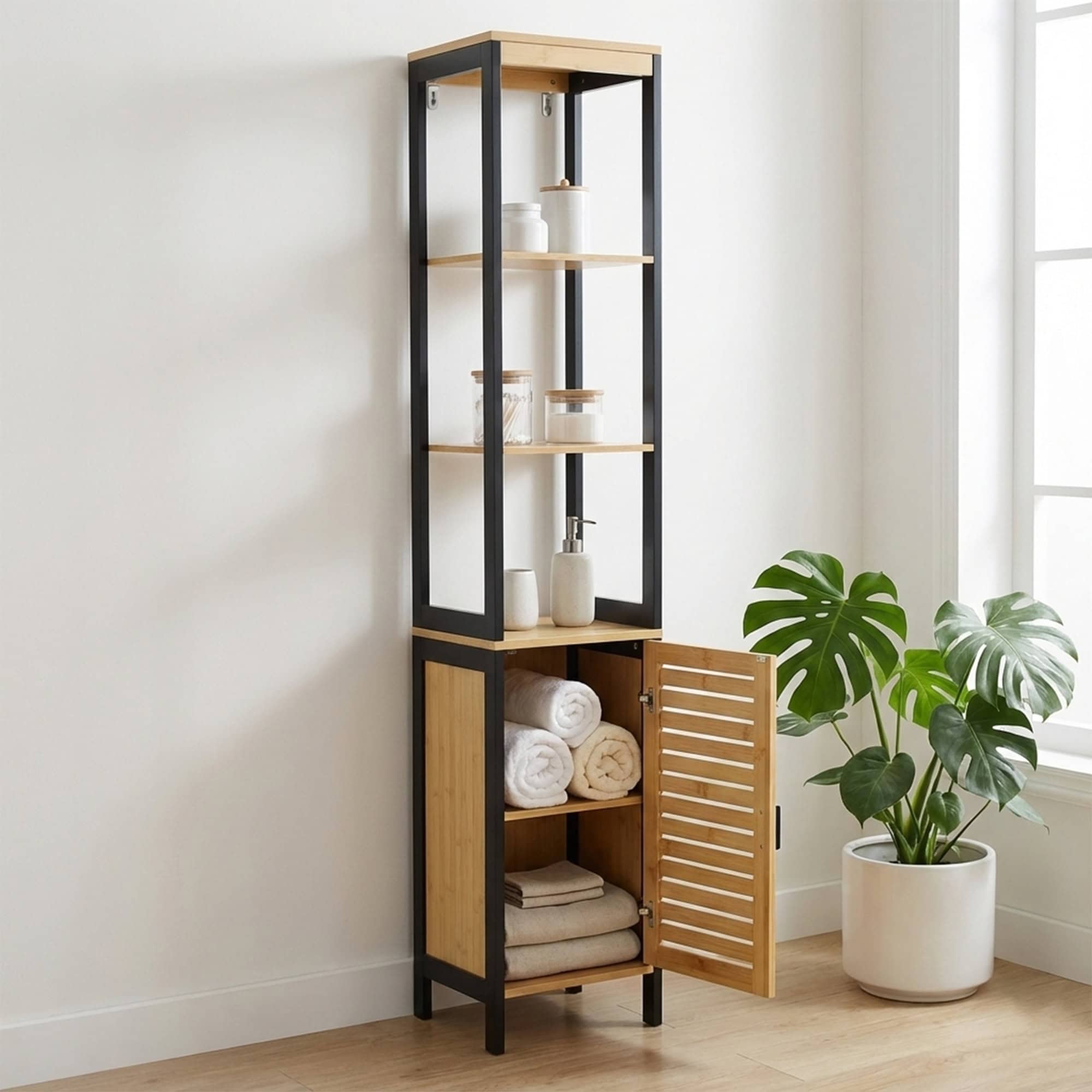 “Freestanding bamboo cabinet with black frame and open lower door”