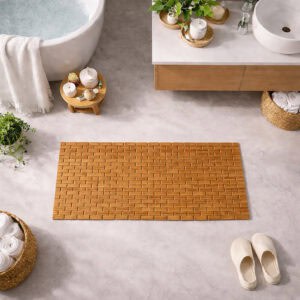 Bamboo bath mat with brick-weave pattern on bathroom floor near white bathtub and vanity