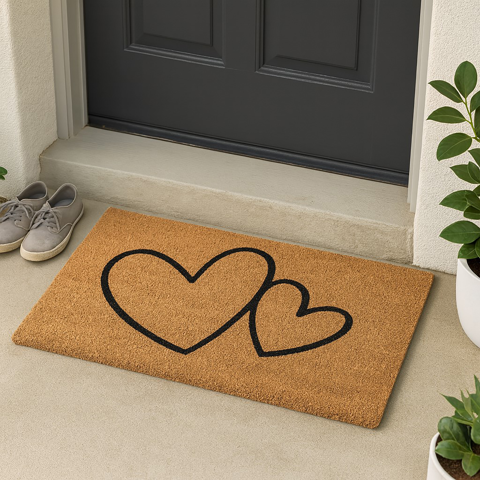 Natural coir doormat with two black hearts placed at dark entry door