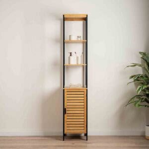 Bathroom Storage Setup – Bamboo cabinet styled in a minimalist bathroom with toiletries and towels.