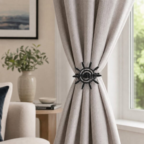 2- Beige linen curtain gathered and held to one side by a black silver sun clip tieback in a bright living room.