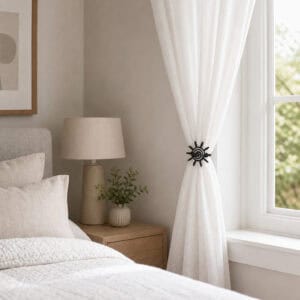 3- White sheer curtain pulled back with a black silver sun tieback in a calm neutral bedroom beside a wood nightstand.
