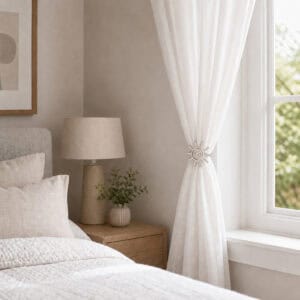 3- White sheer curtain gathered back with a distressed white sun tieback in a soft neutral bedroom near a wood nightstand.