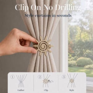 4- Hand clipping a matte gold sun curtain tieback onto gathered fabric, with three step diagram showing gather, clip, and style.