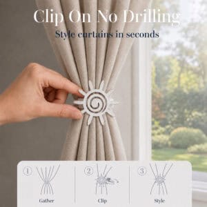 4- Hand attaching a white gold sun curtain tieback to gathered sheer fabric, with three step diagram showing gather, clip, and style.