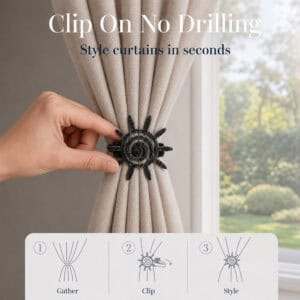 4- Hand clipping a black silver sun curtain tieback onto gathered fabric, with three step diagram showing gather, clip, and style.