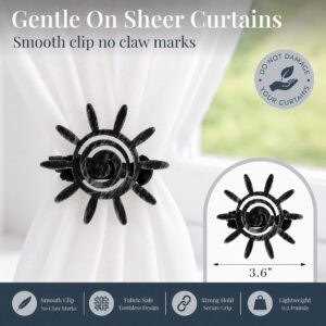 6- Black silver sun tieback clipped onto a white sheer panel, with icons noting the smooth toothless fabric safe design.